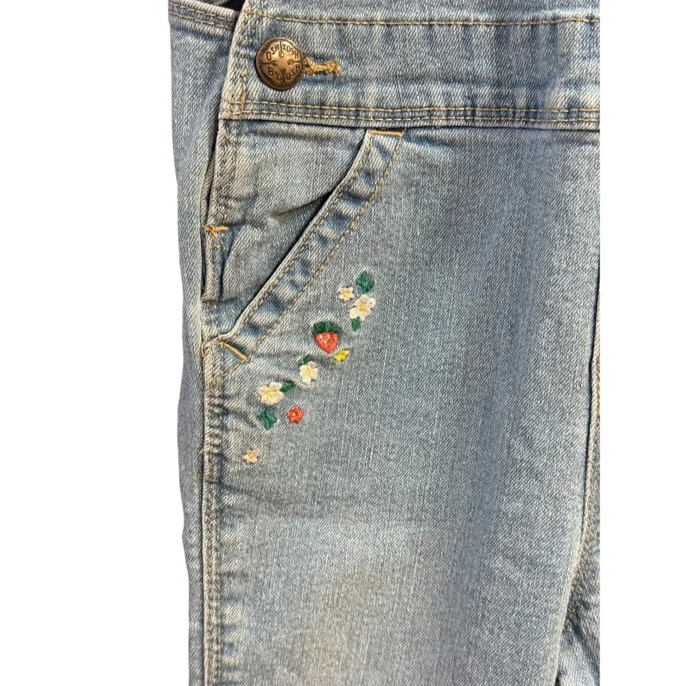 OshKosh B'gosh Girls 4T Light Wash Denim Overalls Strawberry Floral Embroidered